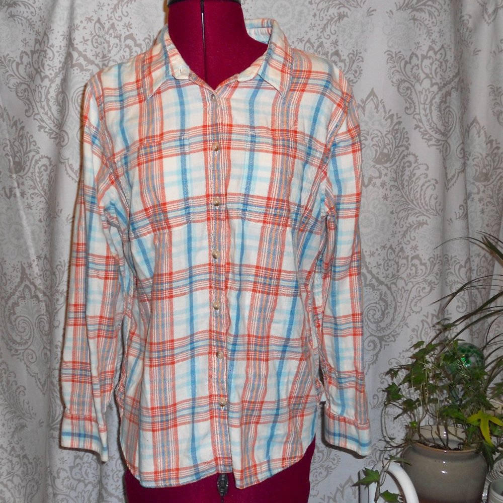 L.L. Bean L/S Petite S Button Down Shirt 100% Cotton Orange Aqua Plaid